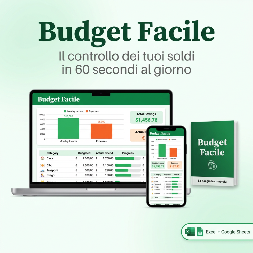 Budget Facile — foglio di calcolo per il budget familiare con dashboard automatica, su laptop e smartphone